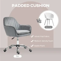 HOMCOM Office Chair, Swivel Desk Chair, Velvet-Feel Fabric Vanity Chair with Adjustable Height and Rolling Wheels for Home Work Study, Grey(m-4)