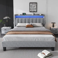 Velvet Upholstered Double Bed with Storage, LED Light Strip, 4 USB Ports, Velvet, 204L x 140W x 107H cm, Grey(m-5)
