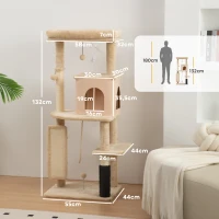 PawHut Arranhador para Gatos Grande Altura 132 cm com Plataformas Postes com Escova Bolas Suspensas e Almofadas para Arranhar Bege(m-3)