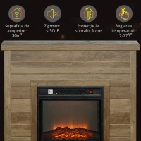 HOMCOM Șemineu Electric cu Flacără 3D, Oprire Automată, Încălzire Reglabilă și Temporizator, 96,5x22x81,7 cm, Lemn Natural(m-7)