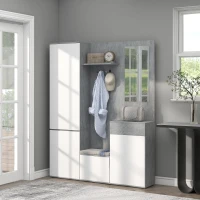 HOMCOM Mobilier 4 în 1 cu Oglindă, Cuiere și Rafturi Interioare Reglabile, Mobilier Multifuncțional, 145x29x184 cm, Gri(m-2)