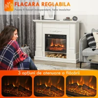 HOMCOM Șemineu Electric cu Flacără 3D, Oprire Automată, Încălzire Reglabilă și Temporizator, 96,5x22x81,7 cm, Alb(m-4)