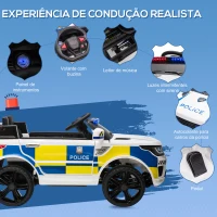 HOMCOM Carro Elétrico para Crianças Carro Elétrico Infantil de Policia 12V com Bluetooth USB Luz Sirene 110x68x52 cm  Branco(m-4)