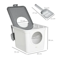 PawHut Litieră Închisă pentru Pisici cu 2 Intrări, cu Tavă și Lopățică, Litieră Acoperită din Plastic, 44x55x39 cm, Alb(m-3)