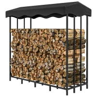 Outsunny Suport pentru Lemne de Exterior cu Acoperire, Suport Metalic Ranforsat pentru Lemne, 185x90x185 cm, Negru(m-10)