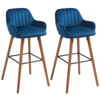 HOMCOM Set 2 Scaune din Catifea, Scaune de Bucătărie cu Spătar, Brațe și Suport pentru Picioare, 48x51x98 cm, Albastru(m-1)