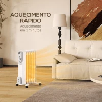 HOMCOM Aquecedor a Óleo Silencioso 1500W Aquecedor Elétrico Baixo Consumo com Rodas Temperatura Ajustável para 20 m² 29x40x62 cm Branco(m-5)