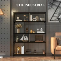 HOMCOM Etajeră Industrială cu 5 Niveluri și 2 Uși Culisante, Raft pentru Cărți din Lemn și Oțel, 120x30x161 cm, Gri(m-4)