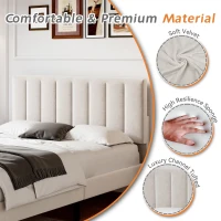 Double Upholstered Velvet Bed Frame with Adjustable Headboard, Solid Wood Slats, Noise-Free Design, 194L x 140W x 110H cm, Beige(m-5)