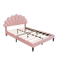 Double Upholstered Velvet Bed Frame with Adjustable Petal Headboard, Solid Wood Slat, No Box Spring Needed, Easy Assembly, Pink(m-12)