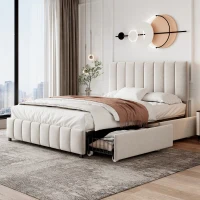 Velvet Double Upholstered Bed with 4 Storage Drawers and Adjustable Channel Tufted Headboard, Easy Assembly, 196L x 143W x 108H cm, Beige(m-7)