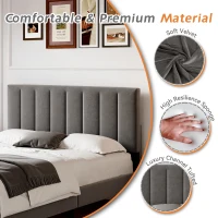 Headboard Adjustable Velvet Double Bed Base with Noise-Free Design, Double Wooden Bedframe for Bedroom, 194L x 140W x 110H cm, Grey(m-5)