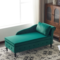 Velvet Upholstered Lounger Sofa with Storage, Pillow, Nailhead-Trim, Button-Tufted Lounge Chair, 144L x 62W x 69H cm, Green