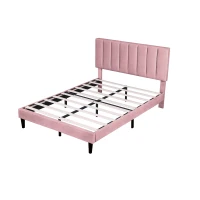 Double Upholstered Velvet Bedstead with Adjustable Tufted Headboard, Solid Wood Slats, Noise-Free Design, 194L x 140W x 110H cm, Pink(m-12)