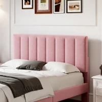 Double Upholstered Velvet Bedstead with Adjustable Tufted Headboard, Solid Wood Slats, Noise-Free Design, 194L x 140W x 110H cm, Pink(m-8)