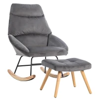 Chaise à bascule ergonomique avec repose-pieds, 97 cm de hauteur, largeur d'assise 48 cm, cadre en bois de caoutchouc, supporte jusqu'à 113 kg, Gris(m-2)