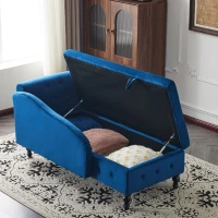 Velvet Upholstered Chaise Sofa Bed with Storage, Pillow, Nailhead-Trim, Button-Tufted Lounge Chair, 144L x 62W x 69H cm, Blue(m-8)