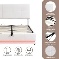 4FT6 Double Ottoman Lift Storage Upholstered Bed Frame with LED Lighting, Gas Lift Storage, 195L x 139W x 113H cm, White(m-6)