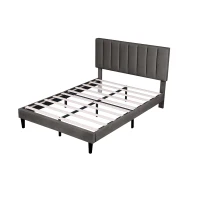 Headboard Adjustable Velvet Double Bed Base with Noise-Free Design, Double Wooden Bedframe for Bedroom, 194L x 140W x 110H cm, Grey(m-12)