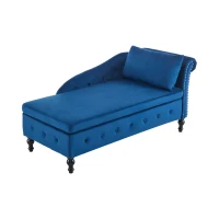 Velvet Upholstered Chaise Sofa Bed with Storage, Pillow, Nailhead-Trim, Button-Tufted Lounge Chair, 144L x 62W x 69H cm, Blue(m-2)