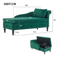 Velvet Upholstered Lounger Sofa with Storage, Pillow, Nailhead-Trim, Button-Tufted Lounge Chair, 144L x 62W x 69H cm, Green(m-3)