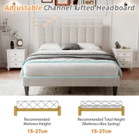Double Upholstered Velvet Bed Frame with Adjustable Headboard, Solid Wood Slats, Noise-Free Design, 194L x 140W x 110H cm, Beige(m-4)