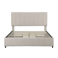 Velvet Double Upholstered Bed with 4 Storage Drawers and Adjustable Channel Tufted Headboard, Easy Assembly, 196L x 143W x 108H cm, Beige(m-2)