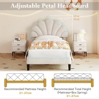 3FT Single Upholstered Velvet Bed Frame with Adjustable Petal Headboard, No Box Spring Needed, Easy Assembly, 194L x 107W x 107H cm, Beige(m-4)