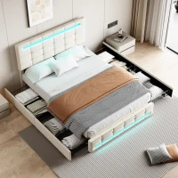 Double Bed Frame with Storage, Adjustable Headboard, Easy Assembly, 198.5L x 143W x 107.5H cm, Beige(m-8)