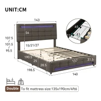 Double Upholstered Bed with LED Lighting and Storage Drawers, Adjustable Headboard, Easy Assembly, 198.5L x 143W x 107.5H cm, Grey(m-3)