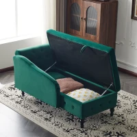 Velvet Upholstered Lounger Sofa with Storage, Pillow, Nailhead-Trim, Button-Tufted Lounge Chair, 144L x 62W x 69H cm, Green(m-8)