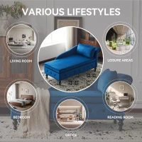 Velvet Upholstered Chaise Sofa Bed with Storage, Pillow, Nailhead-Trim, Button-Tufted Lounge Chair, 144L x 62W x 69H cm, Blue(m-6)