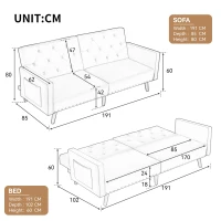 Adjustable Velvet Couch Bed with Storage Pockets, Removable Armrests, Button-Tufted 2 Seater Settee, 191L x 85W x 80H cm, Light Gray(m-3)