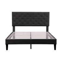 Upholstered Velvet Double Bed Base with Adjustable Wood Headboard, Solid Wood Slats, Easy Assembly, 193L x 141W x 110H cm, Black(m-2)