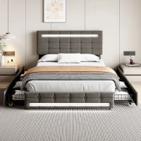 Double Upholstered Bed with LED Lighting and Storage Drawers, Adjustable Headboard, Easy Assembly, 198.5L x 143W x 107.5H cm, Grey(m-7)