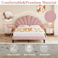 Double Upholstered Velvet Bed Frame with Adjustable Petal Headboard, Solid Wood Slat, No Box Spring Needed, Easy Assembly, Pink(m-5)
