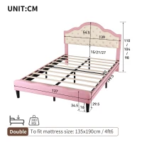 Button-Tufted High Headboard Bed with Solid Wood Slat, Pink Double Bed for Bedroom, Easy Assembly, 199.5L x 139W x 110H cm, Beige+Pink(m-3)