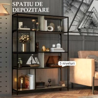 HOMCOM Etajeră Industrială cu 5 Niveluri și 2 Uși Culisante, Raft pentru Cărți din Lemn și Oțel, 120x30x161 cm, Gri(m-5)