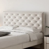 Double Upholstered Velvet Bedstead with Button-Tufted Headboard, Noise-Free Design, Solid Wood Slats, 193L x 141W x 110H cm, Beige(m-8)