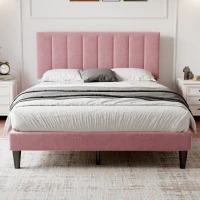 Double Upholstered Velvet Bedstead with Adjustable Tufted Headboard, Solid Wood Slats, Noise-Free Design, 194L x 140W x 110H cm, Pink(m-1)