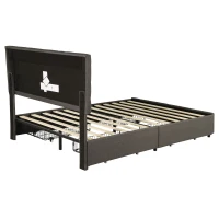 Double Upholstered Bed with LED Lighting and Storage Drawers, Adjustable Headboard, Easy Assembly, 198.5L x 143W x 107.5H cm, Grey(m-13)