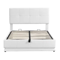 4FT6 Double Ottoman Lift Storage Upholstered Bed Frame with LED Lighting, Gas Lift Storage, 195L x 139W x 113H cm, White(m-2)