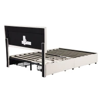 Double Bed Frame with Storage, Adjustable Headboard, Easy Assembly, 198.5L x 143W x 107.5H cm, Beige(m-13)