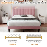 Double Upholstered Velvet Bedstead with Adjustable Tufted Headboard, Solid Wood Slats, Noise-Free Design, 194L x 140W x 110H cm, Pink(m-4)