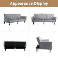 Adjustable Velvet Couch Bed with Storage Pockets, Removable Armrests, Button-Tufted 2 Seater Settee, 191L x 85W x 80H cm, Light Gray(m-6)