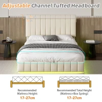 PU Leather Ottoman Bed Frame with LED Lighting, Hydraulic Storage and Channel Tufted Headboard, 201L x 147W x 114H cm, Beige(m-5)