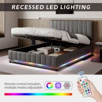 Upholstered Double Bed with Storage, LED Lighting, Channel Tufted Headboard, Modern PU Leather Ottoman Bed, 201L x 147W x 114H cm, Grey(m-4)