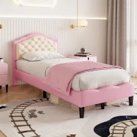 3FT Single Wood Bed with Adjustable Button-Tufted Headboard, Easy Assembly, Upholstered Bed for Kids, 199.5L x 92.0W x 109.5H cm, Beige+Pink(m-7)