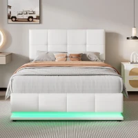 4FT6 Double Ottoman Lift Storage Upholstered Bed Frame with LED Lighting, Gas Lift Storage, 195L x 139W x 113H cm, White(m-1)