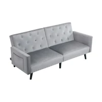 Adjustable Velvet Couch Bed with Storage Pockets, Removable Armrests, Button-Tufted 2 Seater Settee, 191L x 85W x 80H cm, Light Gray(m-10)